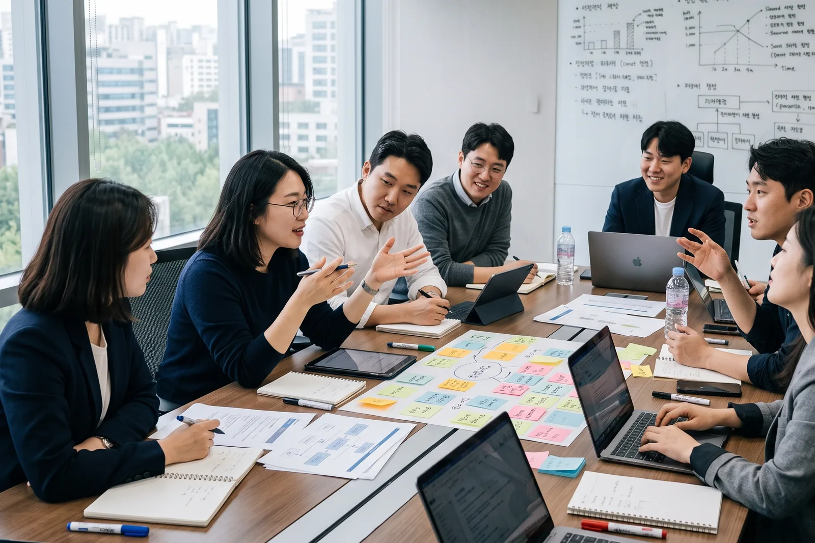 씩데이터 IX 워룸에서 부서 경계를 넘어 토론하는 Cross-Functional Team 참가자들